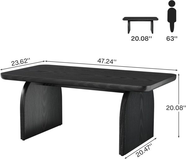 Rectangle Coffee Table, 47-Inch Wood Rectangular Living Room Table, Farmhouse Accent Center Low Cocktail Tea Table with Sturdy Base & Rounded Corners, Easy Assembly (Black)