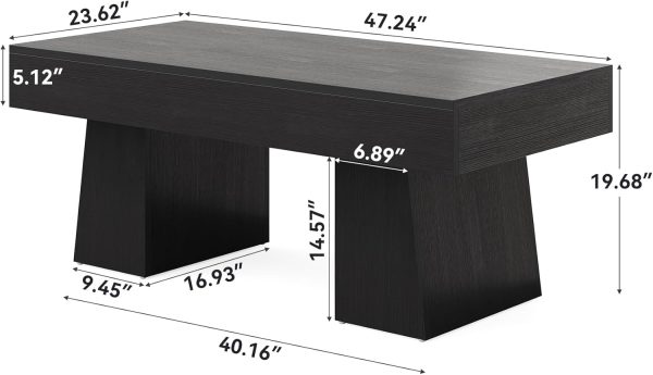 Farmhouse Coffee Table, 47 Inches Wooden Rectangular Accent Center Tables with Thick Base, Modern Low Cocktail Tea Furniture for Living Room (Black)
