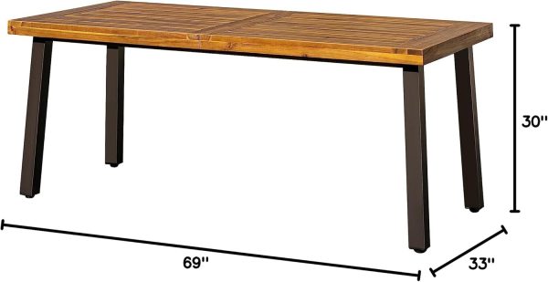 Acacia Wood Dining Table 6-Person Indoor Outdoor Table with Iron Legs, Sandblast Finish, Natural Stained, Rustic Metal, 69 * 33 * 30 inch (Natural)