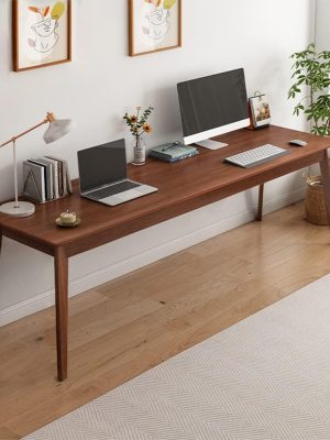 Mid-Century Long Desk Table - 63" Simple Modern Extra Long 2-Person Wood Computer Workstation for Home Office Work in Walnut, 63" W x 20" D