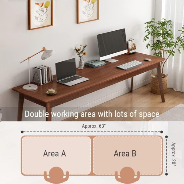 Mid-Century Long Desk Table - 63" Simple Modern Extra Long 2-Person Wood Computer Workstation for Home Office Work in Walnut, 63" W x 20" D