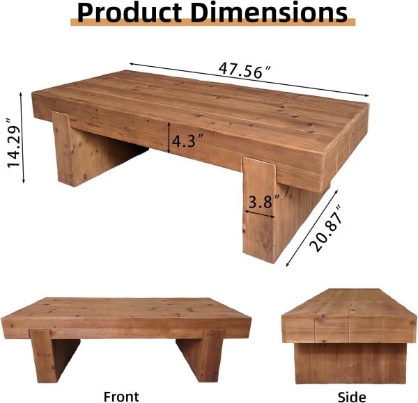 Wooden Coffee Table, 47.6" Rectangle Mid Century Modern Wood Center Table, Farmhouse Solid Firwood Tabletop Cocktail Tea Table for Living Room Home Office, Antique Natural
