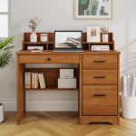 Computer Desk with Drawers for Small Spaces, Wood Desk with File Cabinet & Monitor Stand, Office Desks Writing Study Table for Bedroom, Brown