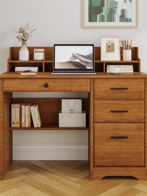 Computer Desk with Drawers for Small Spaces, Wood Desk with File Cabinet & Monitor Stand, Office Desks Writing Study Table for Bedroom, Brown