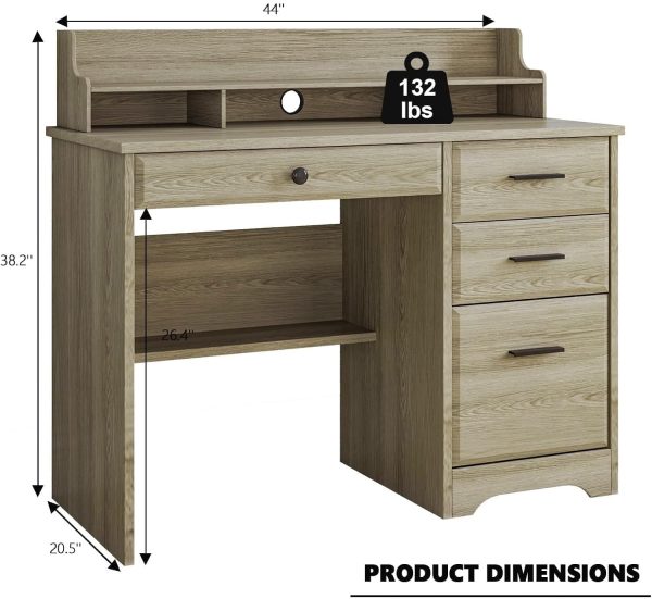 Computer Desk with Drawers, Small Desk with Monitor Stand and File Drawer, Wood Desk with Storage, Writing Desk for Bedroom Home Offic, Grey