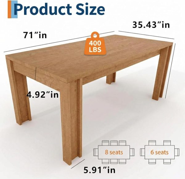 71" Long Dining Table for 6-8, Rectangular Farmhouse Kitchen Dining Room Table w/Wider H Legs & Wooden Tabletop, Sturdy Frame, Wood Strip Base, for Apartment, Kitchen, Dining, Natural