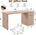 60" Modern Executive Desk with Storage, Wood Home Office Desk with Drawer & Cabinet, Fluted Computer Writing Desk for Study, Living Room, Bedroom, Oak