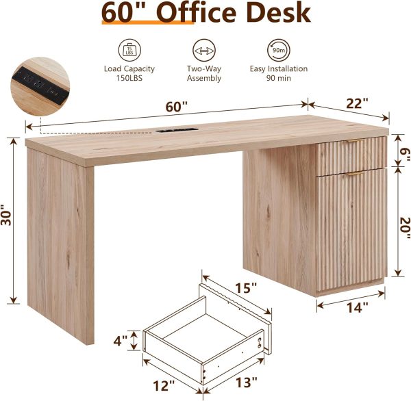 60" Modern Executive Desk with Storage, Wood Home Office Desk with Drawer & Cabinet, Fluted Computer Writing Desk for Study, Living Room, Bedroom, Oak