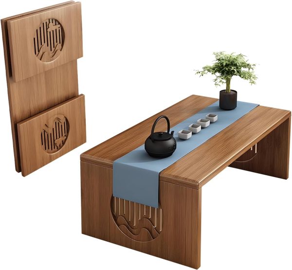 Folding Floor Coffee Table, Japanese Bamboo Foldable Tables, Portable Living Room Low Desk, Versatile Tatami Meditation Tea Table for Dining Room, Wooden Table Desk for Home, Office (100X37CM)