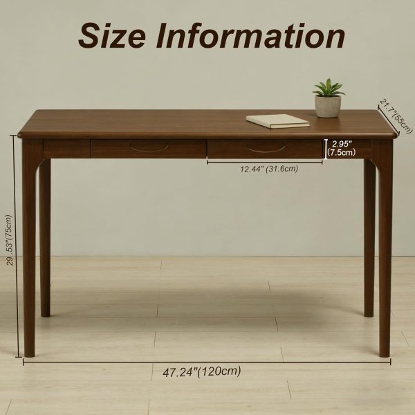 47" Solid Wood Desk with Drawers, Small Home Office Writing Wooden Desk, Gaming & Computer Desk for Bedroom, Work Study Table for Small Space(Walnut,47 Inch)