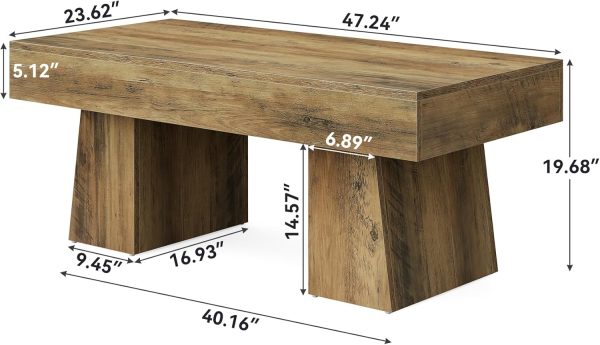 Farmhouse Coffee Table, 47 Inches Wooden Rectangular Accent Center Tables with Thick Base, Modern Low Cocktail Tea Furniture for Living Room (Rustic Brown)