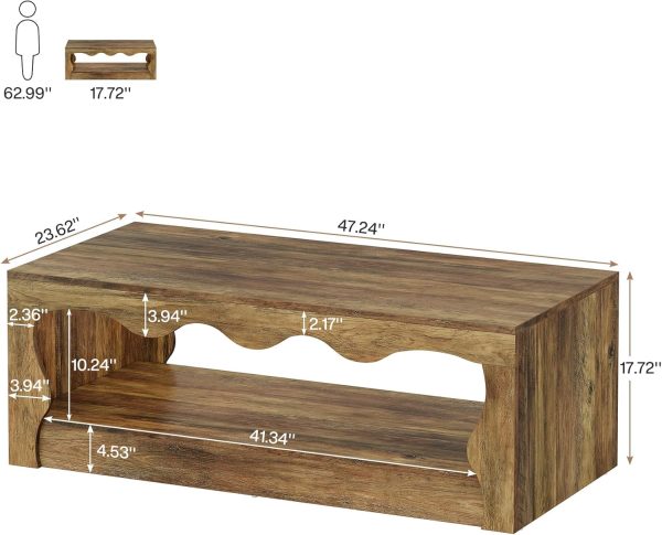 Rectangle Coffee Table, 47-Inch Farmhouse Coffee Tables for Living Room, 2-Tier Wooden Rectangular Accent Center Low Cocktail Tea Table with Open Storage Shelf, Rustic Brown