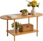 Wooden Tea Table Small Coffee Table, 2 Tier Coffee Table for Living Room, 35x16x17inch Tea Table Stand with Storage Shelf Natural Wood Color