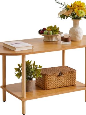 Wooden Tea Table Small Coffee Table, 2 Tier Coffee Table for Living Room, 35x16x17inch Tea Table Stand with Storage Shelf Natural Wood Color