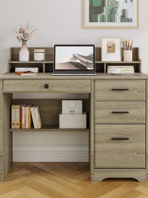 Computer Desk with Drawers, Small Desk with Monitor Stand and File Drawer, Wood Desk with Storage, Writing Desk for Bedroom Home Offic, Grey