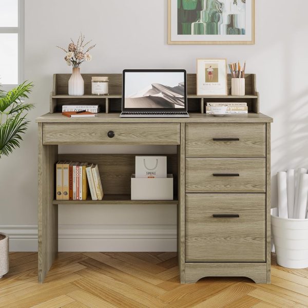 Computer Desk with Drawers, Small Desk with Monitor Stand and File Drawer, Wood Desk with Storage, Writing Desk for Bedroom Home Offic, Grey
