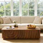 Wooden Coffee Table, 47.2" Rectangle Mid Century Modern Water Ripple Texture Center Table with 2 Drawers, Cocktail Tea Table with Safe Curved Corners for Living Room Home Office, Walnut