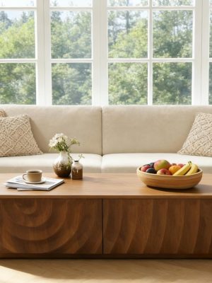 Wooden Coffee Table, 47.2" Rectangle Mid Century Modern Water Ripple Texture Center Table with 2 Drawers, Cocktail Tea Table with Safe Curved Corners for Living Room Home Office, Walnut