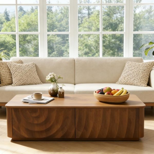 Wooden Coffee Table, 47.2" Rectangle Mid Century Modern Water Ripple Texture Center Table with 2 Drawers, Cocktail Tea Table with Safe Curved Corners for Living Room Home Office, Walnut