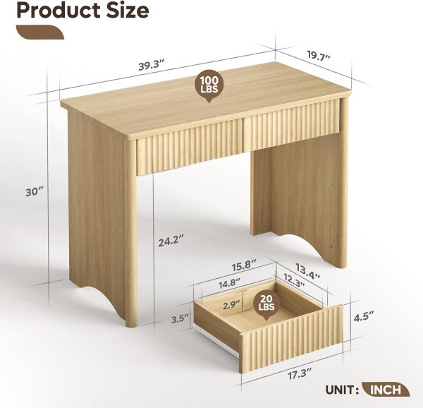Fluted Computer Desk with 2 Drawers, 40 Inch Small Wooden Writing Study Work Desk, Computer Table, Compact Executive Home Office Desk for Small Spaces, Bedroom, Study, Living Room