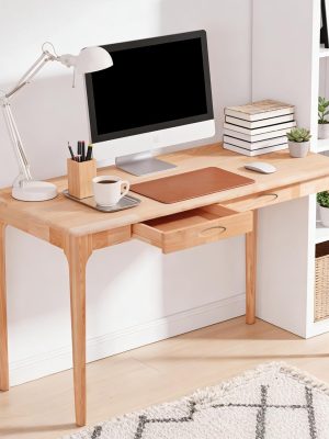 47" Solid Wood Desk with Drawers, Small Home Office Writing Wooden Desk, Gaming & Computer Desk for Bedroom, Work Study Table for Small Space(Beech,47Inch)