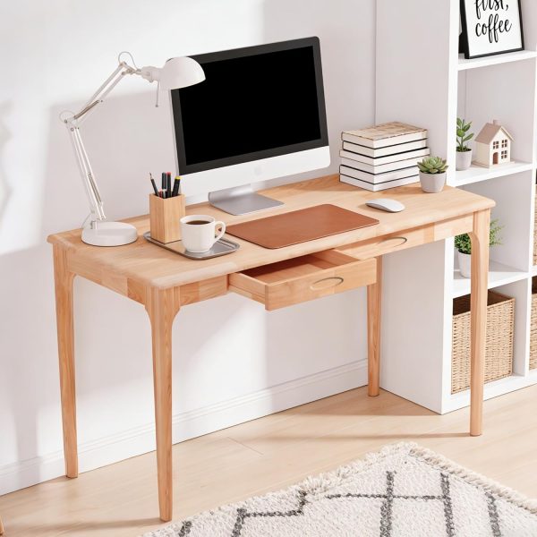47" Solid Wood Desk with Drawers, Small Home Office Writing Wooden Desk, Gaming & Computer Desk for Bedroom, Work Study Table for Small Space(Beech,47Inch)
