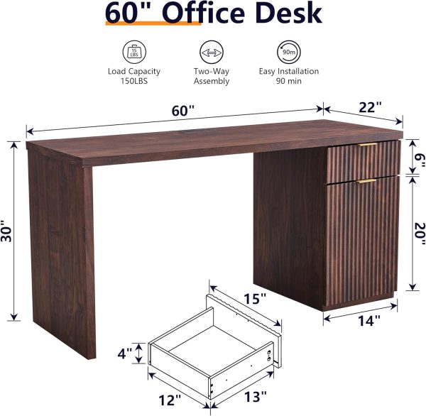 60" Modern Executive Desk with Storage, Wood Home Office Desk with Drawer & Cabinet, Fluted Computer Writing Desk for Study, Living Room, Bedroom, Dark Walnut