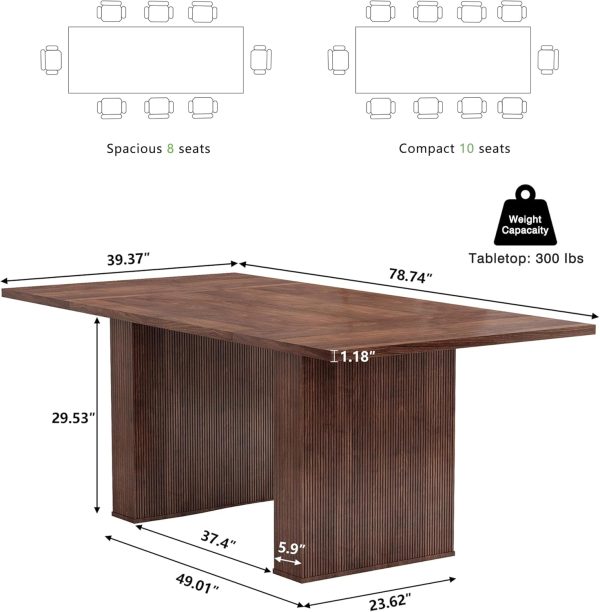 78 Inch Dining Table for 6 8 10, Modern Farmhouse Rectangular Kitchen Table, Long Dining Room Tables with Wood Strip Base for Kitchen Living Room (Walnut)