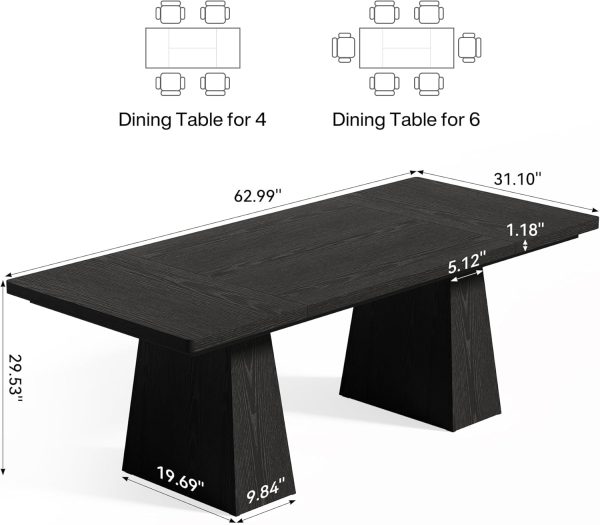 Dining Table for 4-6 People, Wooden Table, Rectangle Furniture with Heavy Duty Legs, Modern Kitchen Table for Home, Dining Room, Black
