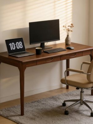 47" Solid Wood Desk with Drawers, Small Home Office Writing Wooden Desk, Gaming & Computer Desk for Bedroom, Work Study Table for Small Space(Walnut,47 Inch)