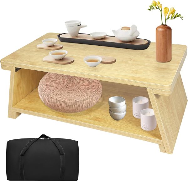 Floor Table, Altar Table Paulownia Folding Design, Low Meditation Table for Sitting on The Floor Japaness Table Tatami Table (Bamboo Color)