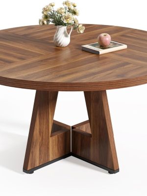 Round Dining Table for 4-6 People, 47 Inches Dining Room Table with Wooden Pedestal Base, Brown Dinner Tables, Circle Kitchen Tables for Dining Room, Kitchen, Living Room(Table Only)