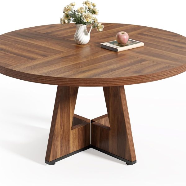 Round Dining Table for 4-6 People, 47 Inches Dining Room Table with Wooden Pedestal Base, Brown Dinner Tables, Circle Kitchen Tables for Dining Room, Kitchen, Living Room(Table Only)