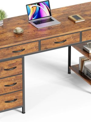 Computer Desk with 6 Drawers, Office Desk with Shelves, Reversible Gaming Desk, Corner Desk with Storage, Work for Home Office, Study, Living Room, 47inch, Rustic Brown