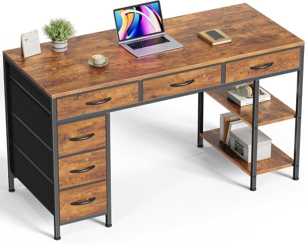 Computer Desk with 6 Drawers, Office Desk with Shelves, Reversible Gaming Desk, Corner Desk with Storage, Work for Home Office, Study, Living Room, 47inch, Rustic Brown