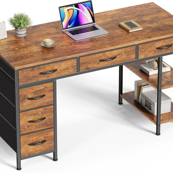 Computer Desk with 6 Drawers, Office Desk with Shelves, Reversible Gaming Desk, Corner Desk with Storage, Work for Home Office, Study, Living Room, 47inch, Rustic Brown