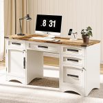 Farmhouse Executive Desk with Drawers, 55" Home Office Desks with Fast Charging Station, Lockable File Cabinet, Wood Writing Computer Desk for Work, Study, White