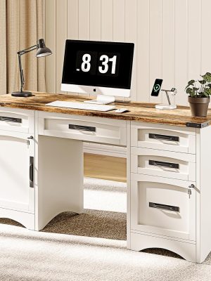 Farmhouse Executive Desk with Drawers, 55" Home Office Desks with Fast Charging Station, Lockable File Cabinet, Wood Writing Computer Desk for Work, Study, White