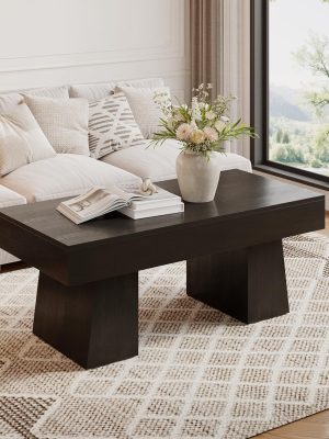 Farmhouse Coffee Table, 47 Inches Wooden Rectangular Accent Center Tables with Thick Base, Modern Low Cocktail Tea Furniture for Living Room (Black)