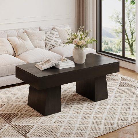 Farmhouse Coffee Table, 47 Inches Wooden Rectangular Accent Center Tables with Thick Base, Modern Low Cocktail Tea Furniture for Living Room (Black)