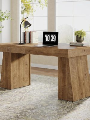 55" Executive Desk, Wooden Office Desk with Double Pedestal, Modern Simple Computer Writing Table for Home Office, Light Brown