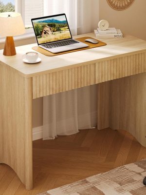 Fluted Computer Desk with 2 Drawers, 40 Inch Small Wooden Writing Study Work Desk, Computer Table, Compact Executive Home Office Desk for Small Spaces, Bedroom, Study, Living Room