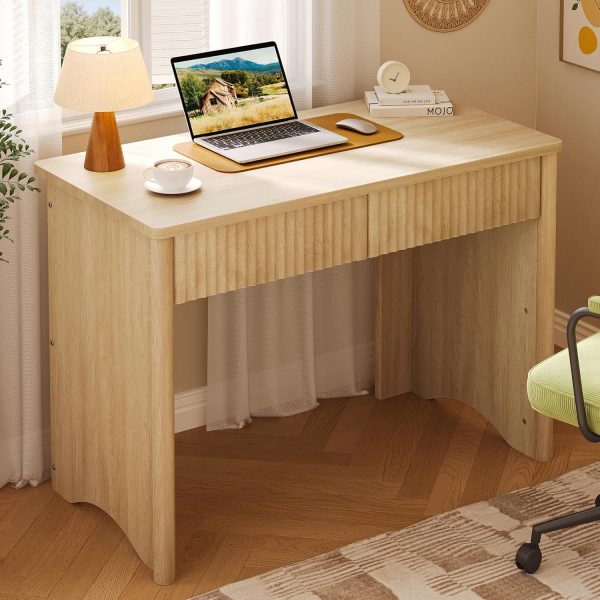 Fluted Computer Desk with 2 Drawers, 40 Inch Small Wooden Writing Study Work Desk, Computer Table, Compact Executive Home Office Desk for Small Spaces, Bedroom, Study, Living Room