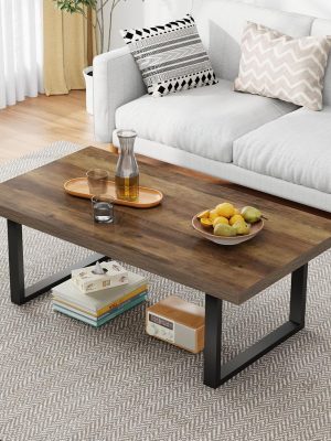 Farmhouse Coffee Table, Modern Simple Wood Coffee Tables for Living Room, Industrial Minimalist Rectangle Center Table, Wood and Metal Tea Coffee Table for Home Office Bedroom, Rustic Oak, 39 in