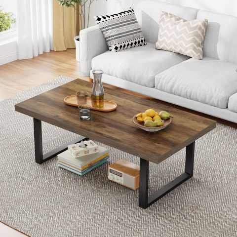 Farmhouse Coffee Table, Modern Simple Wood Coffee Tables for Living Room, Industrial Minimalist Rectangle Center Table, Wood and Metal Tea Coffee Table for Home Office Bedroom, Rustic Oak, 39 in