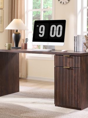 60" Modern Executive Desk with Storage, Wood Home Office Desk with Drawer & Cabinet, Fluted Computer Writing Desk for Study, Living Room, Bedroom, Dark Walnut