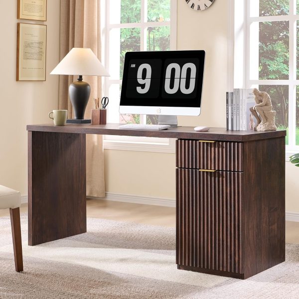 60" Modern Executive Desk with Storage, Wood Home Office Desk with Drawer & Cabinet, Fluted Computer Writing Desk for Study, Living Room, Bedroom, Dark Walnut