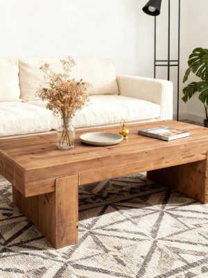 Wooden Coffee Table, 47.6" Rectangle Mid Century Modern Wood Center Table, Farmhouse Solid Firwood Tabletop Cocktail Tea Table for Living Room Home Office, Antique Natural