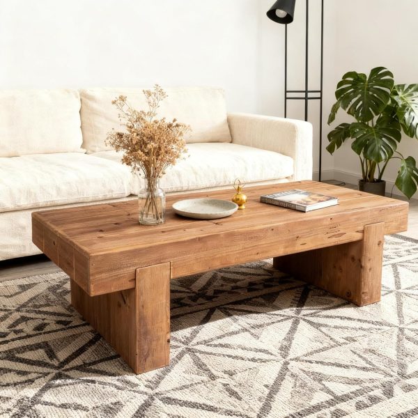 Wooden Coffee Table, 47.6" Rectangle Mid Century Modern Wood Center Table, Farmhouse Solid Firwood Tabletop Cocktail Tea Table for Living Room Home Office, Antique Natural