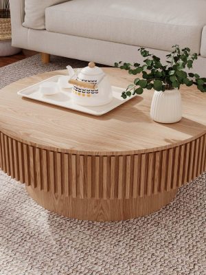Round Coffee Table with Storage, Modern Wooden Coffee Table with Solid Wood Veneered, Circle Center Table Accent Tea Table for Living Room Apartment Small Space (31.5''L × 31.5''W × 14''H, Natural)